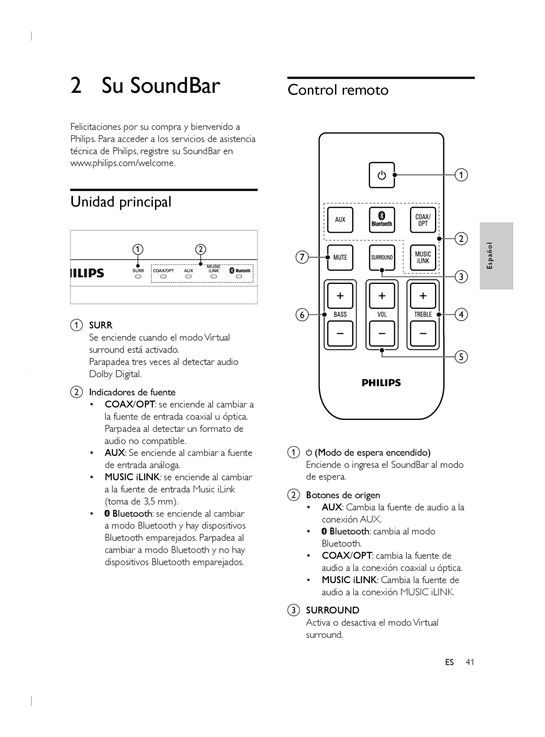 Philips CSS2133B user manual Su SoundBar, Control remoto Unidad principal, Activa o desactiva el modo Virtual surround 