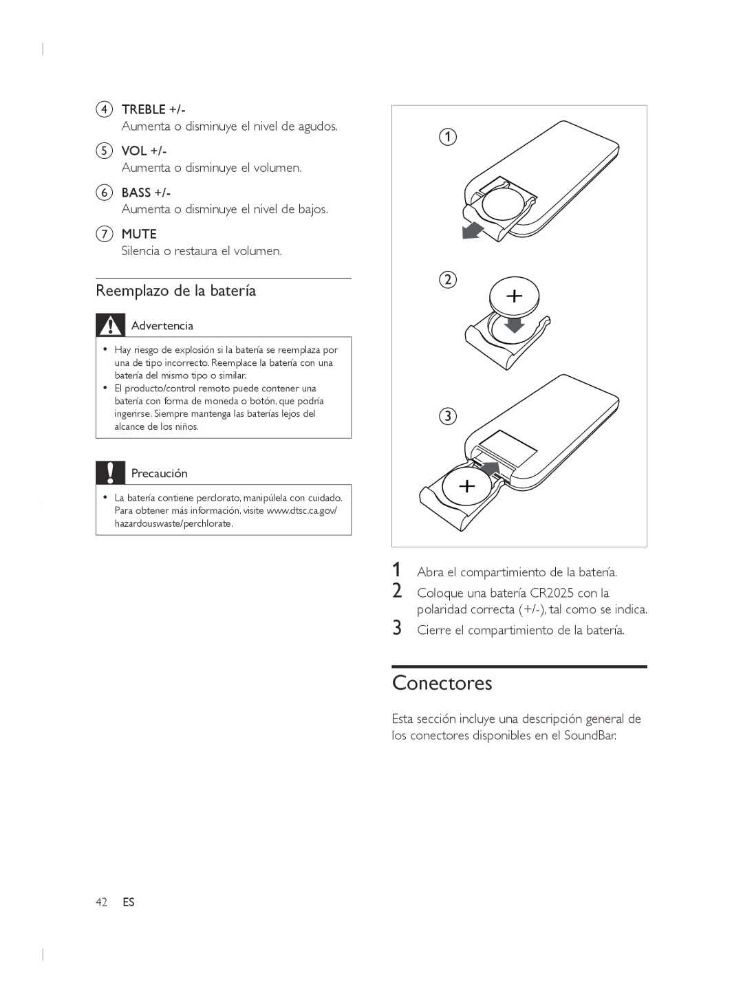 Philips CSS2133B Conectores, Reemplazo de la batería, Silencia o restaura el volumen, Abra el compartimiento de la batería 