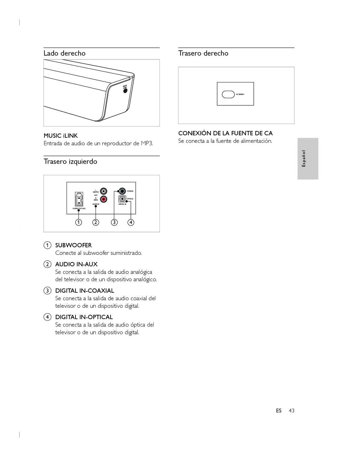 Philips CSS2133B user manual Lado derecho, Trasero izquierdo, Music iLINK Entrada de audio de un reproductor de MP3 