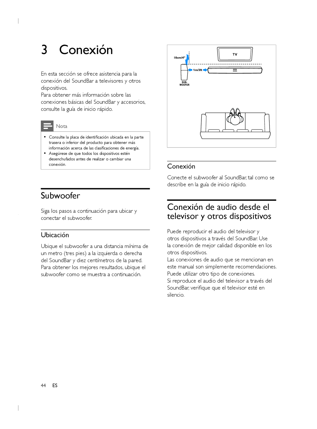 Philips CSS2133B user manual Conexión, Subwoofer, Ubicación 