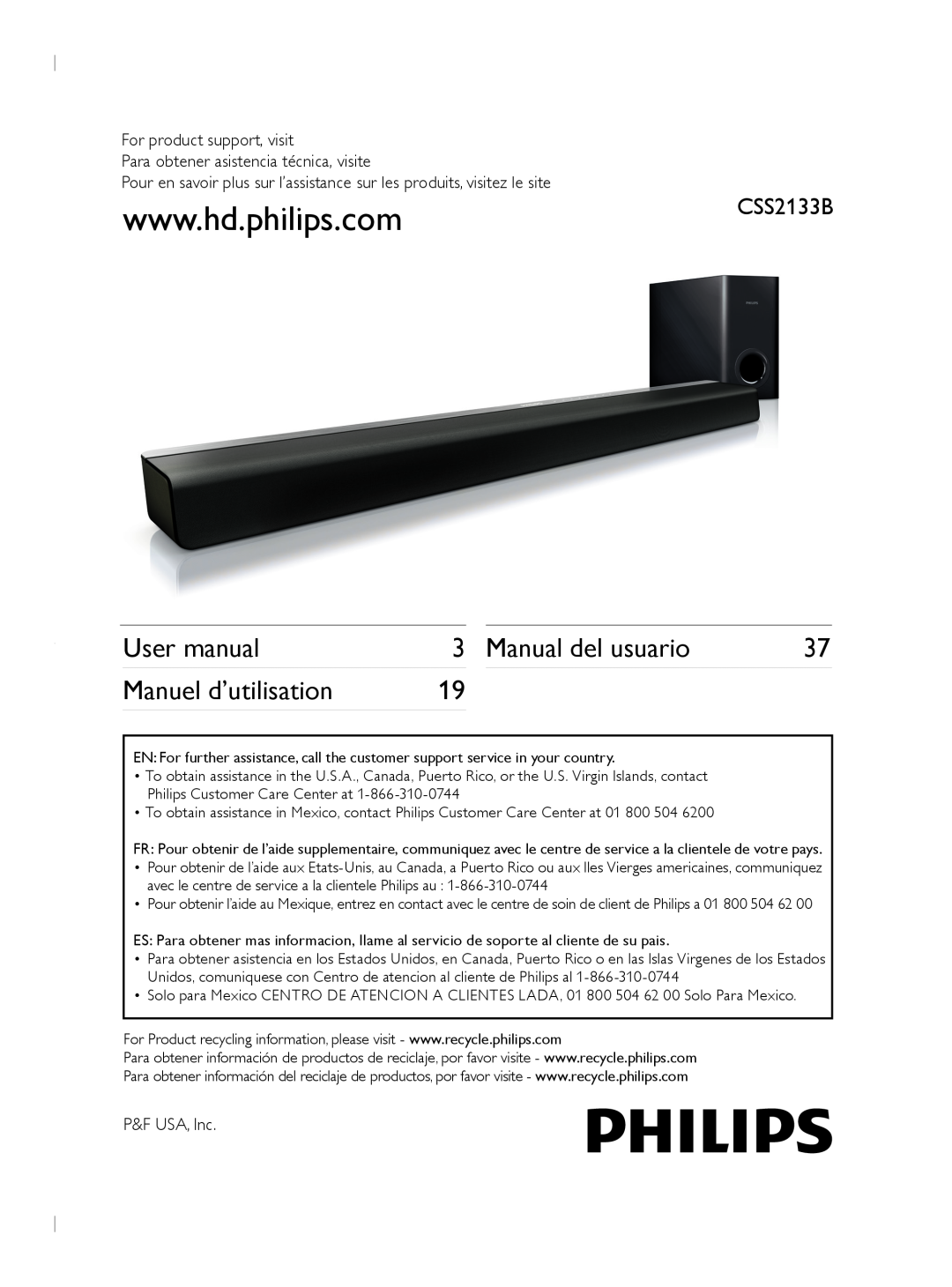 Philips CSS2133B user manual Manual del usuario, Manuel d’utilisation 