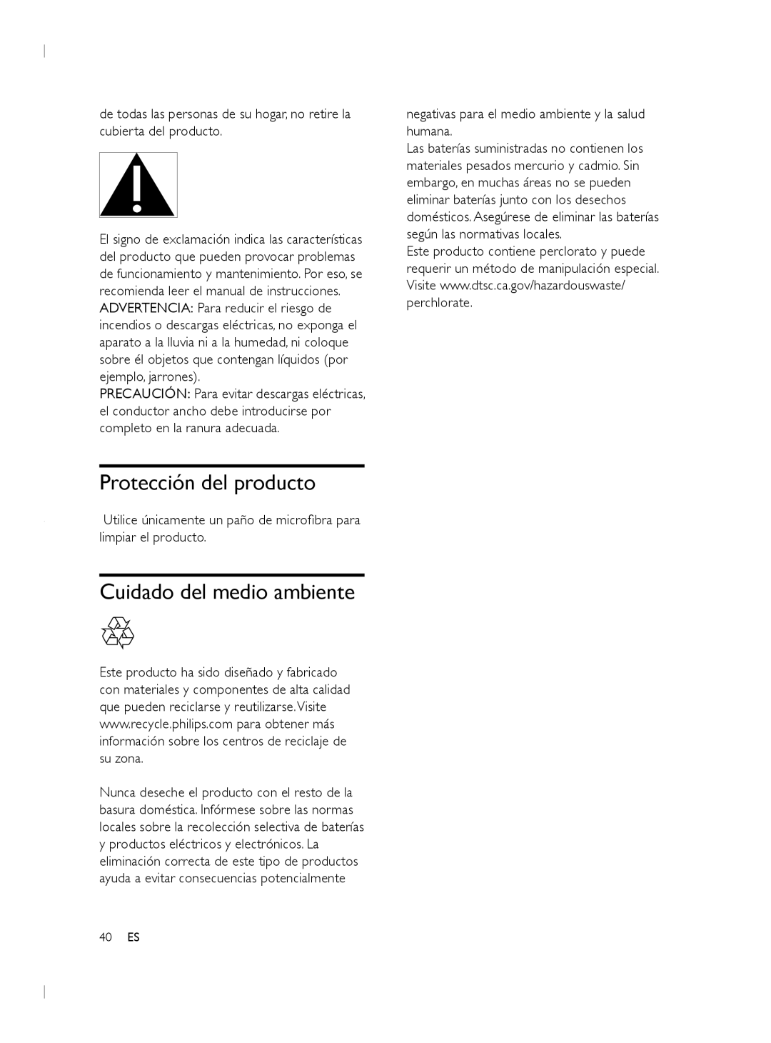Philips CSS2133B user manual Protección del producto, Cuidado del medio ambiente 