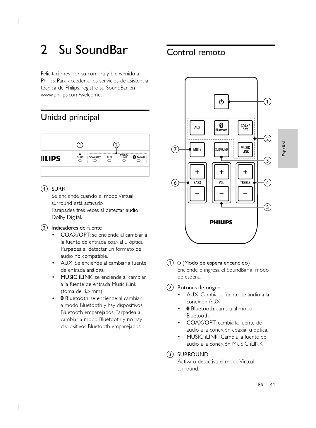Philips CSS2133B user manual Su SoundBar, Control remoto, Unidad principal 