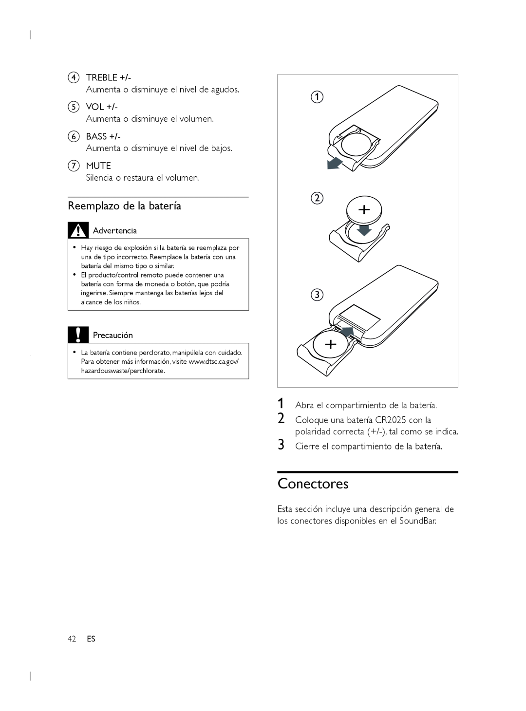 Philips CSS2133B user manual Conectores, Reemplazo de la batería 