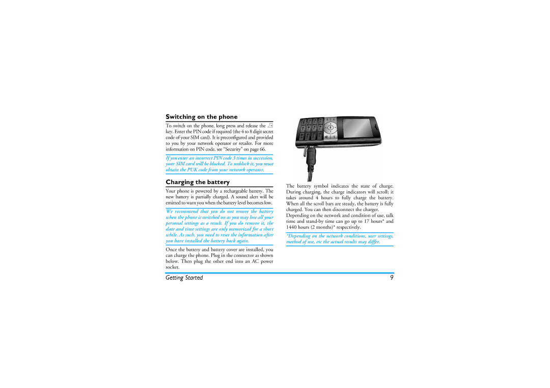 Philips CT9A9KBRN manual Switching on the phone, Charging the battery 