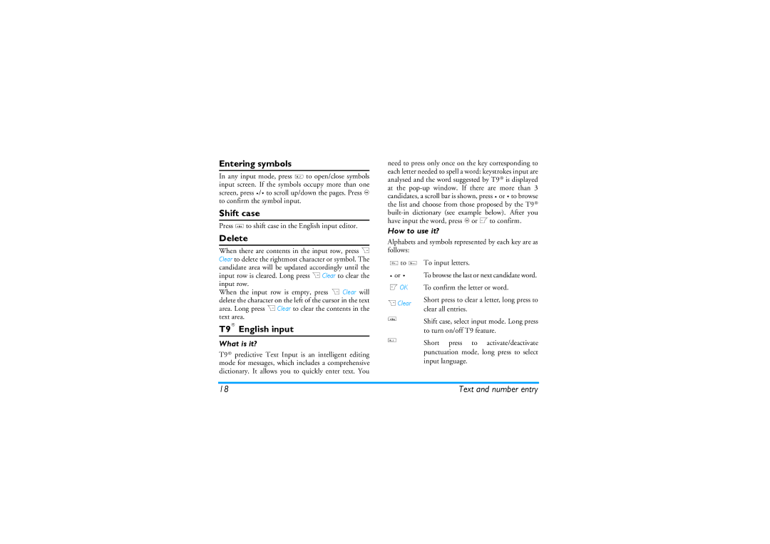 Philips CT9A9KBRN manual Entering symbols, Shift case, Delete, T9 English input 