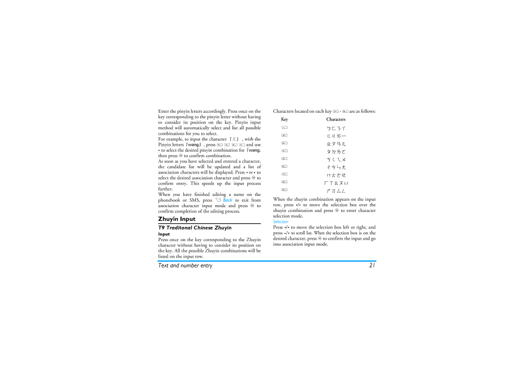 Philips CT9A9KBRN manual Zhuyin Input, T9 Traditonal Chinese Zhuyin 