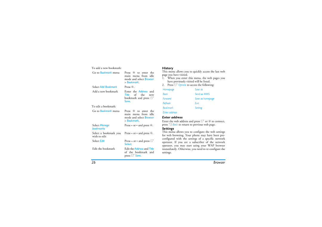 Philips CT9A9KBRN manual History, Enter address, Settings 