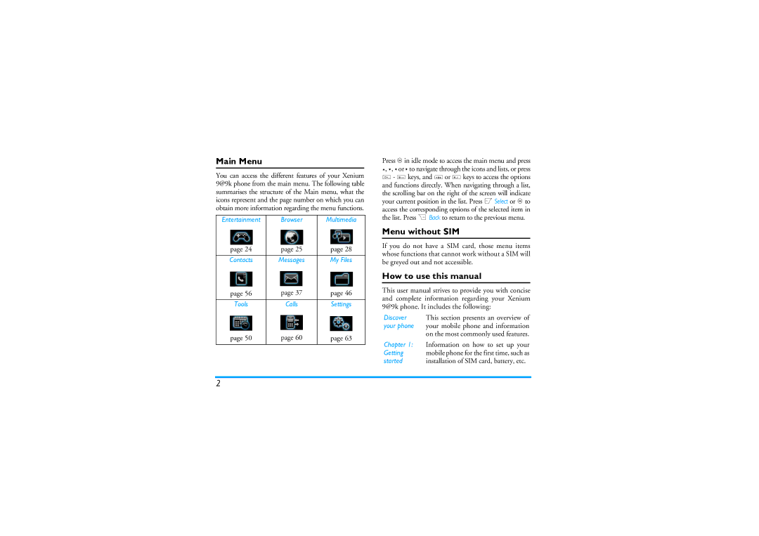 Philips CT9A9KBRN Main Menu, Menu without SIM, How to use this manual 