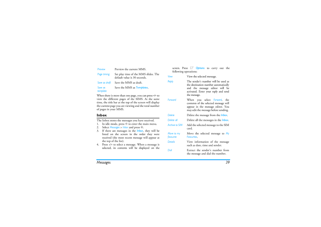 Philips CT9A9KBRN manual Inbox, Save as Save the MMS as Templates. template 