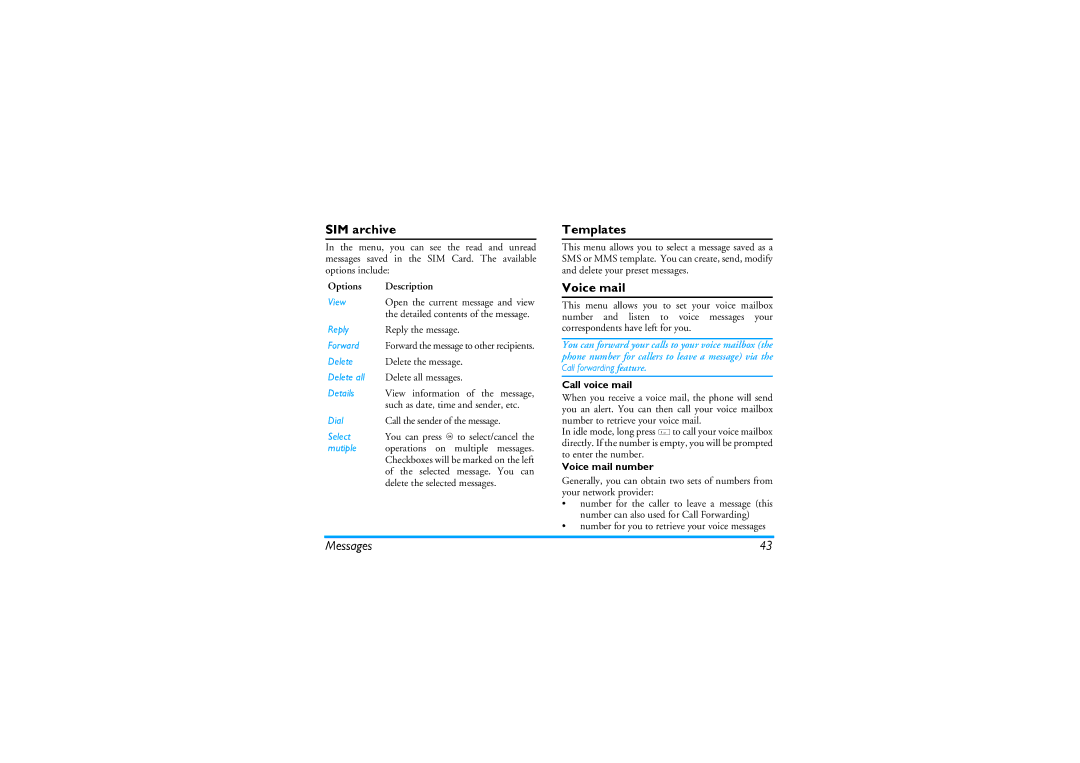 Philips CT9A9KBRN manual SIM archive, Templates, Call voice mail, Voice mail number 