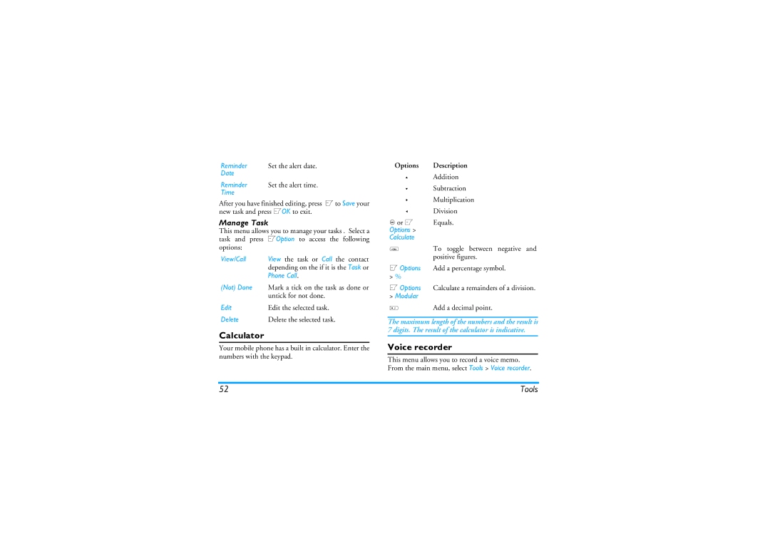 Philips CT9A9KBRN manual Calculator, Voice recorder, Manage Task 