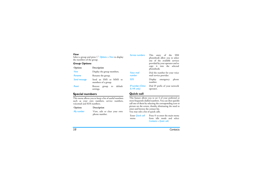 Philips CT9A9KBRN manual Special numbers, Quick call, View, Group Options 