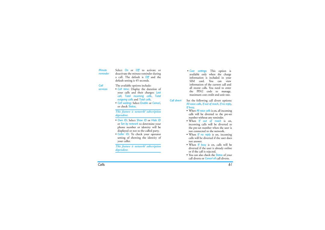 Philips CT9A9KBRN manual Calls, This feature is network/ subscription Dependent 