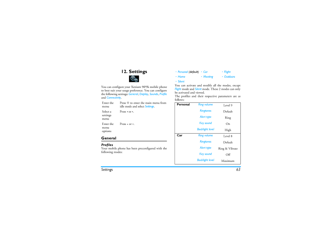 Philips CT9A9KBRN manual Settings, General, Profiles 