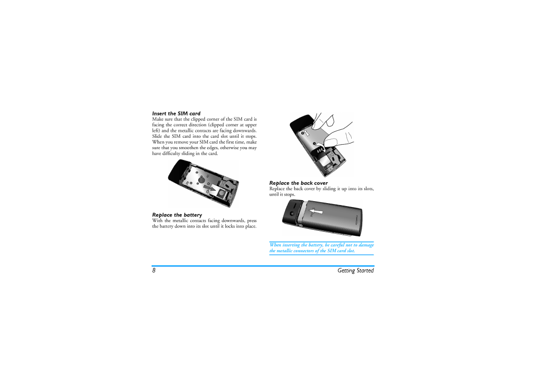 Philips CT9A9KBRN manual Insert the SIM card, Replace the battery, Replace the back cover 