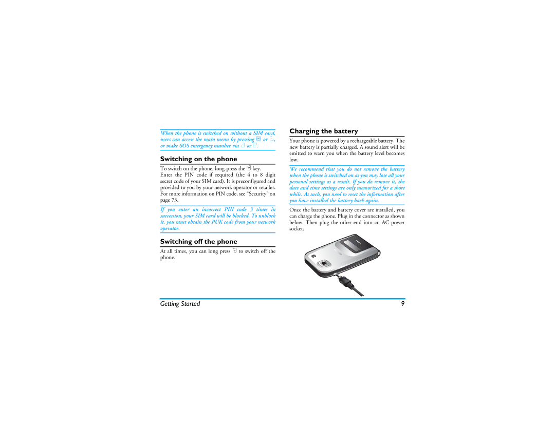 Philips CT9A9R manual Switching on the phone, Switching off the phone, Charging the battery 