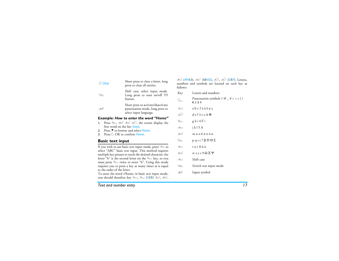 Philips CT9A9R manual Basic text input, Example How to enter the word Home, Short press to clear a letter, long, Clear 