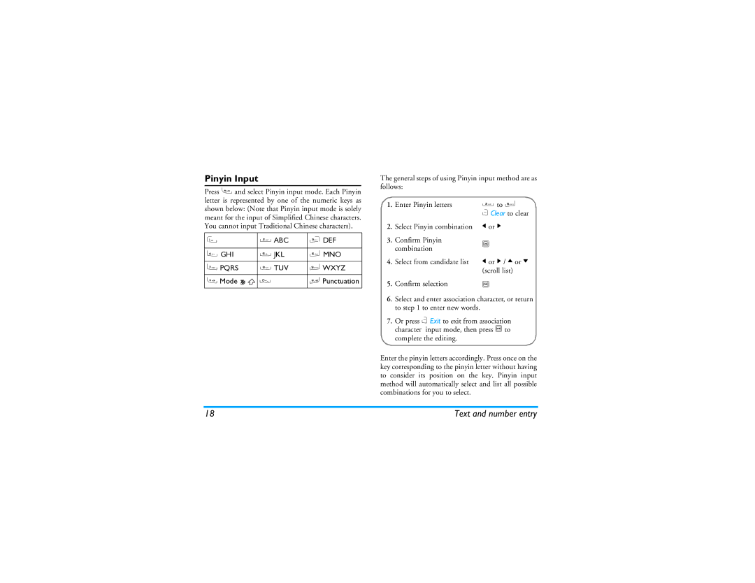 Philips CT9A9R manual Pinyin Input, Confirm Pinyin Combination Select from candidate list, Scroll list 