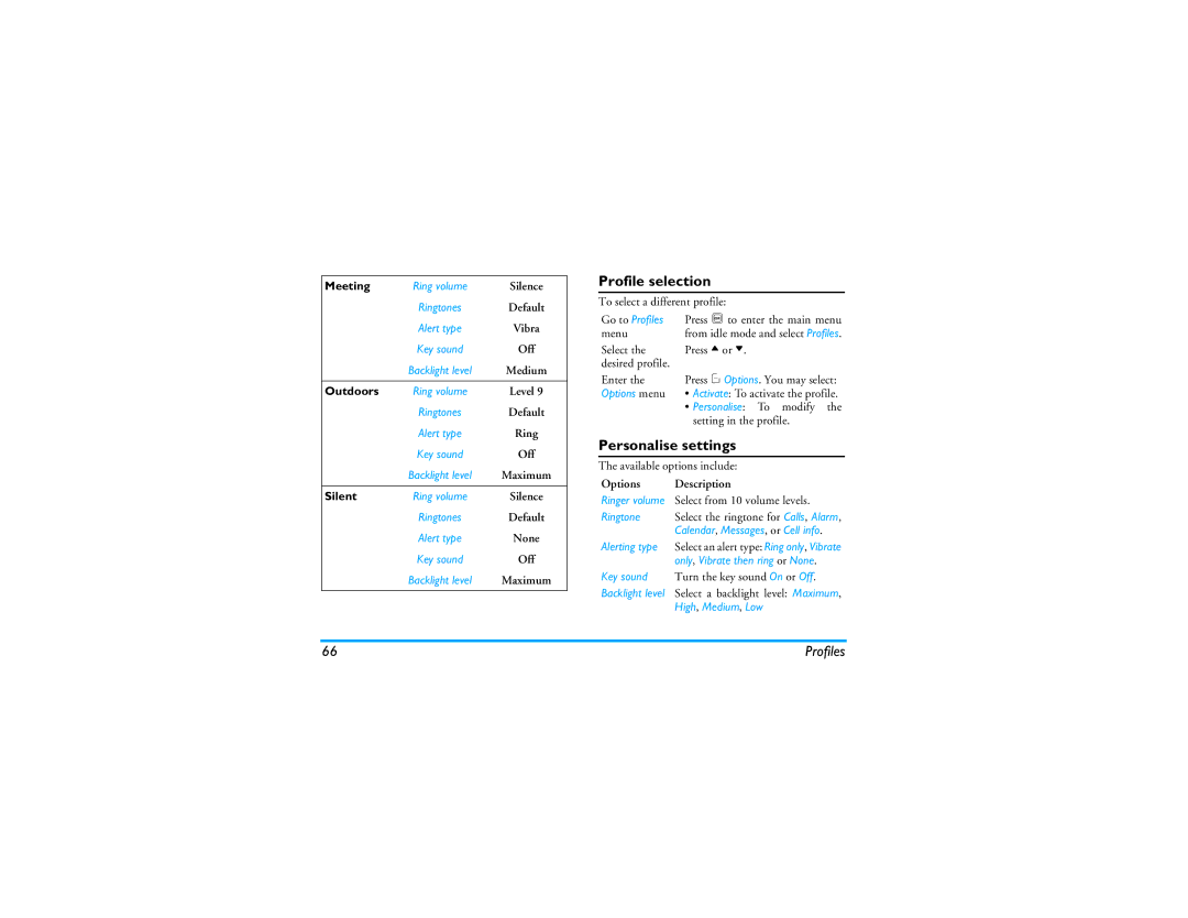 Philips CT9A9R manual Profile selection, Personalise settings, Go to Profiles, Options menu, High, Medium, Low 