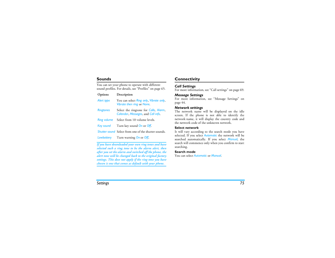 Philips CT9A9R manual Connectivity, Call Settings, Message Settings, Network settings 