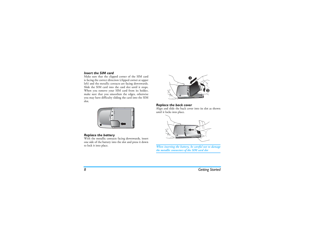 Philips CT9A9R manual Insert the SIM card, Replace the battery, Replace the back cover 