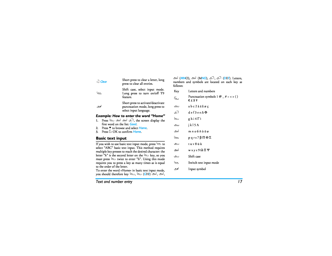 Philips CT9A9R manual Basic text input, Example How to enter the word “Home”, Text and number entry 