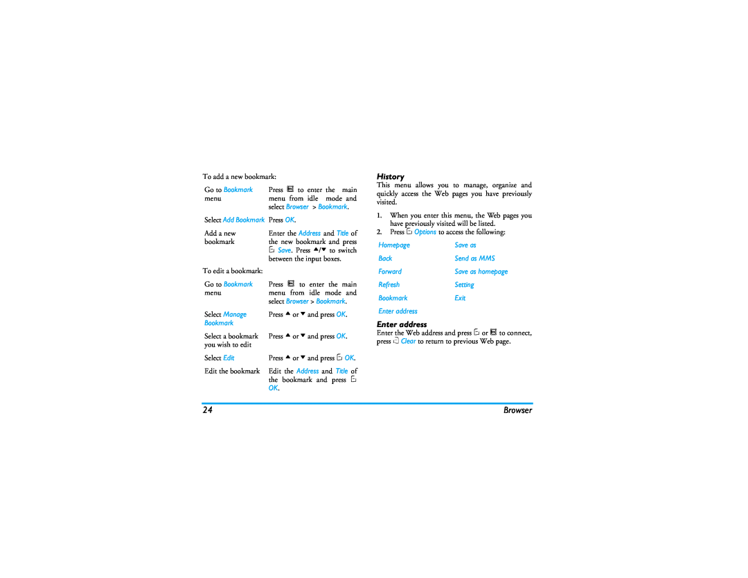 Philips CT9A9R manual History, Enter address, Browser 