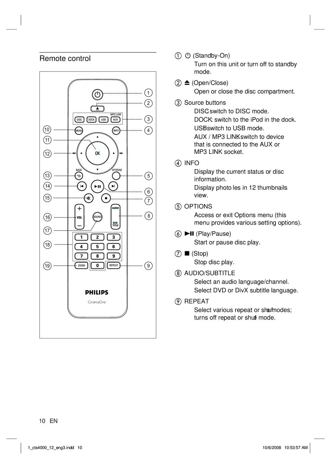 Philips CTS4000/05 manual Remote control 