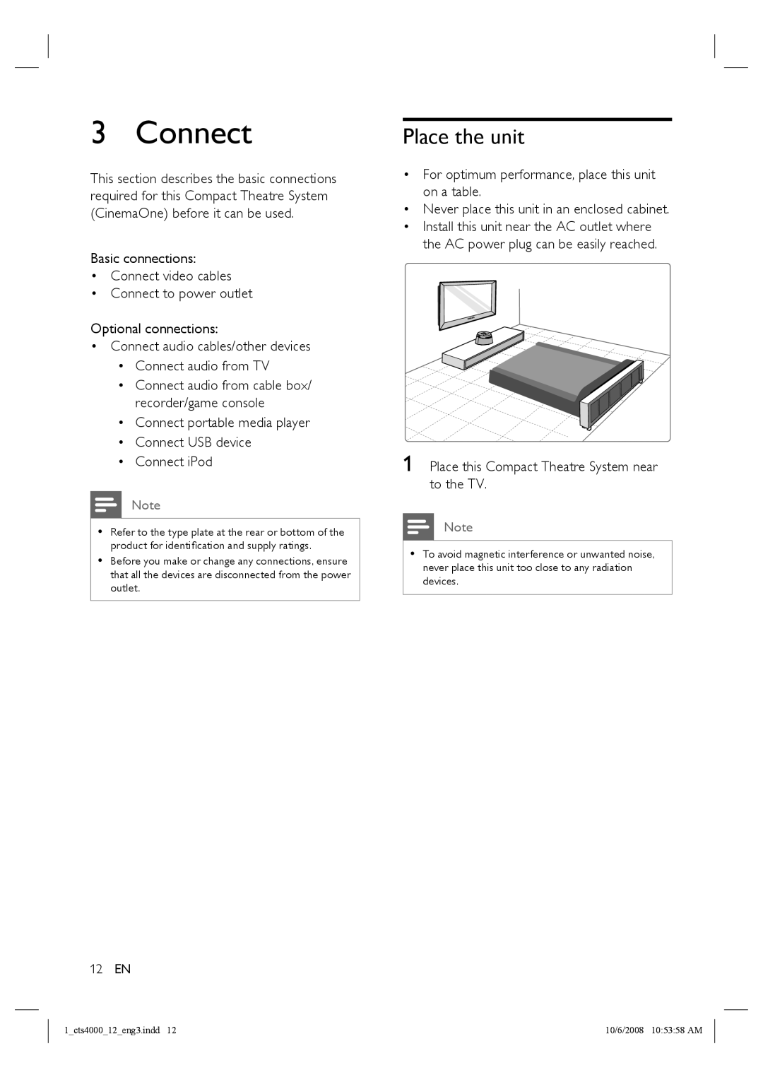 Philips CTS4000/05 manual Connect, Place the unit, Place this Compact Theatre System near to the TV 