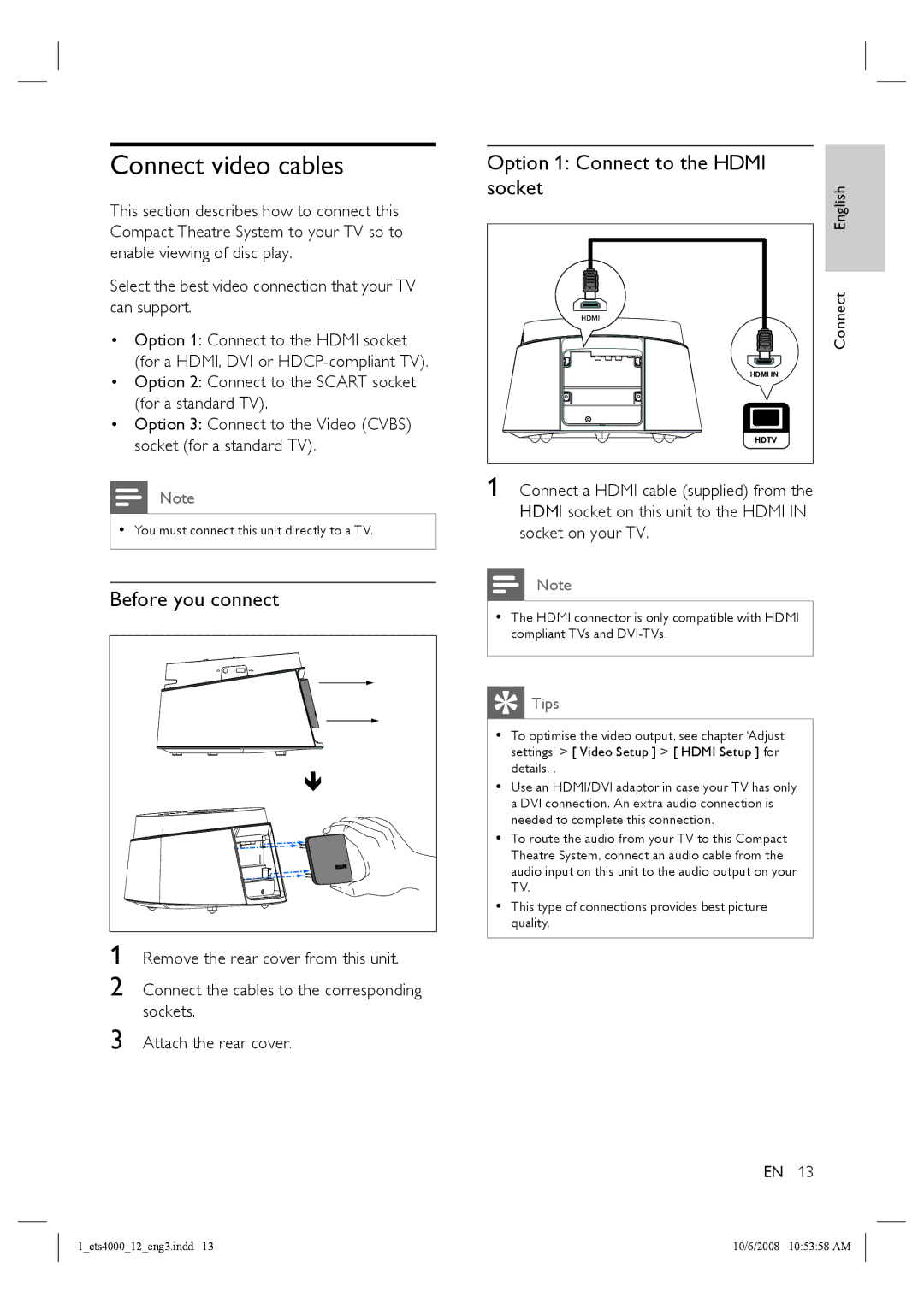 Philips CTS4000/05 manual Connect video cables, Before you connect, Option 1 Connect to the Hdmi Socket 