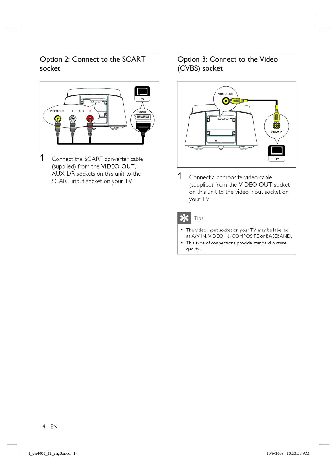 Philips CTS4000/05 manual Option 2 Connect to the Scart socket, Option 3 Connect to the Video Cvbs socket 