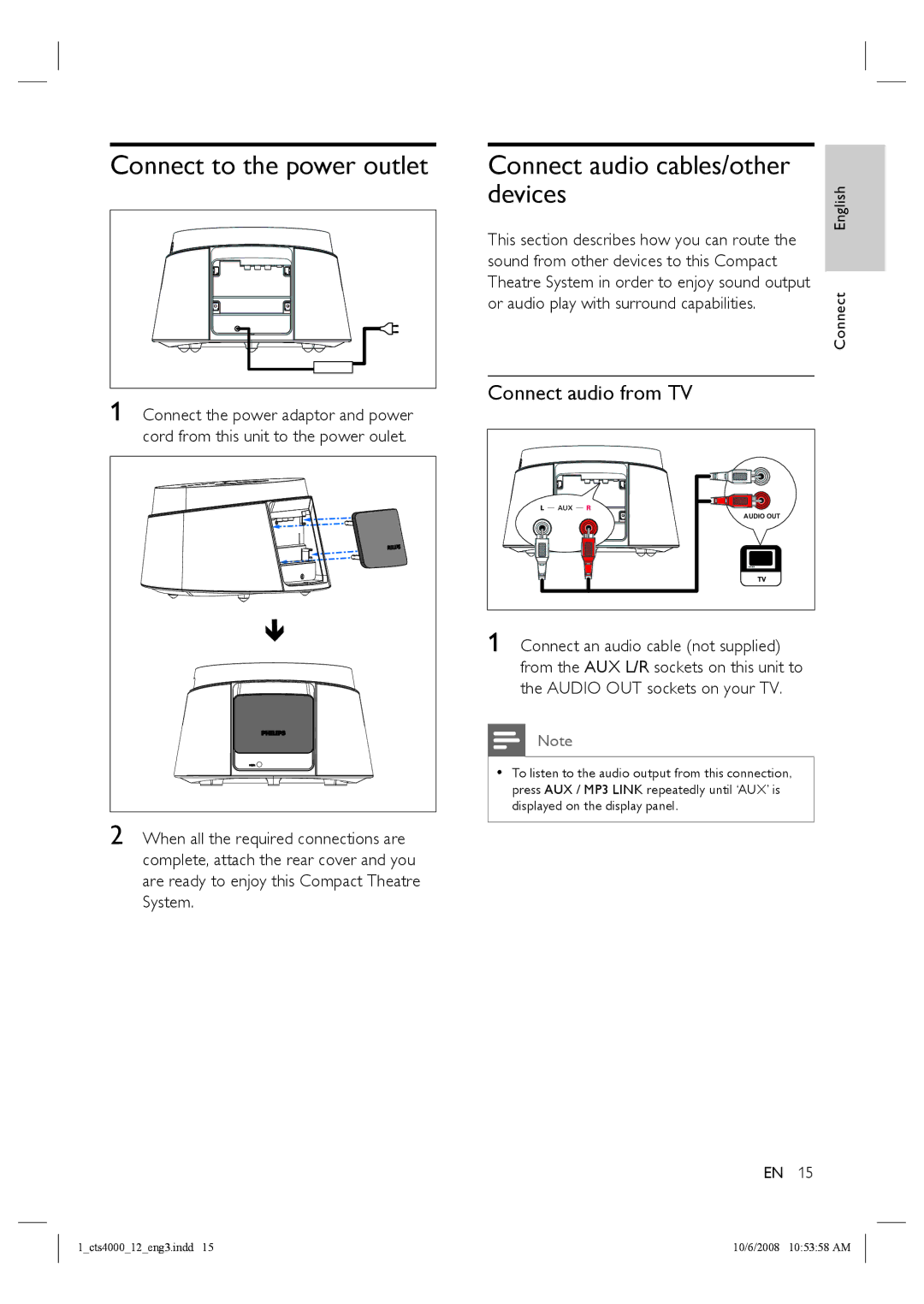 Philips CTS4000/05 Connect to the power outlet, Devices, Connect audio from TV, Sound from other devices to this Compact 