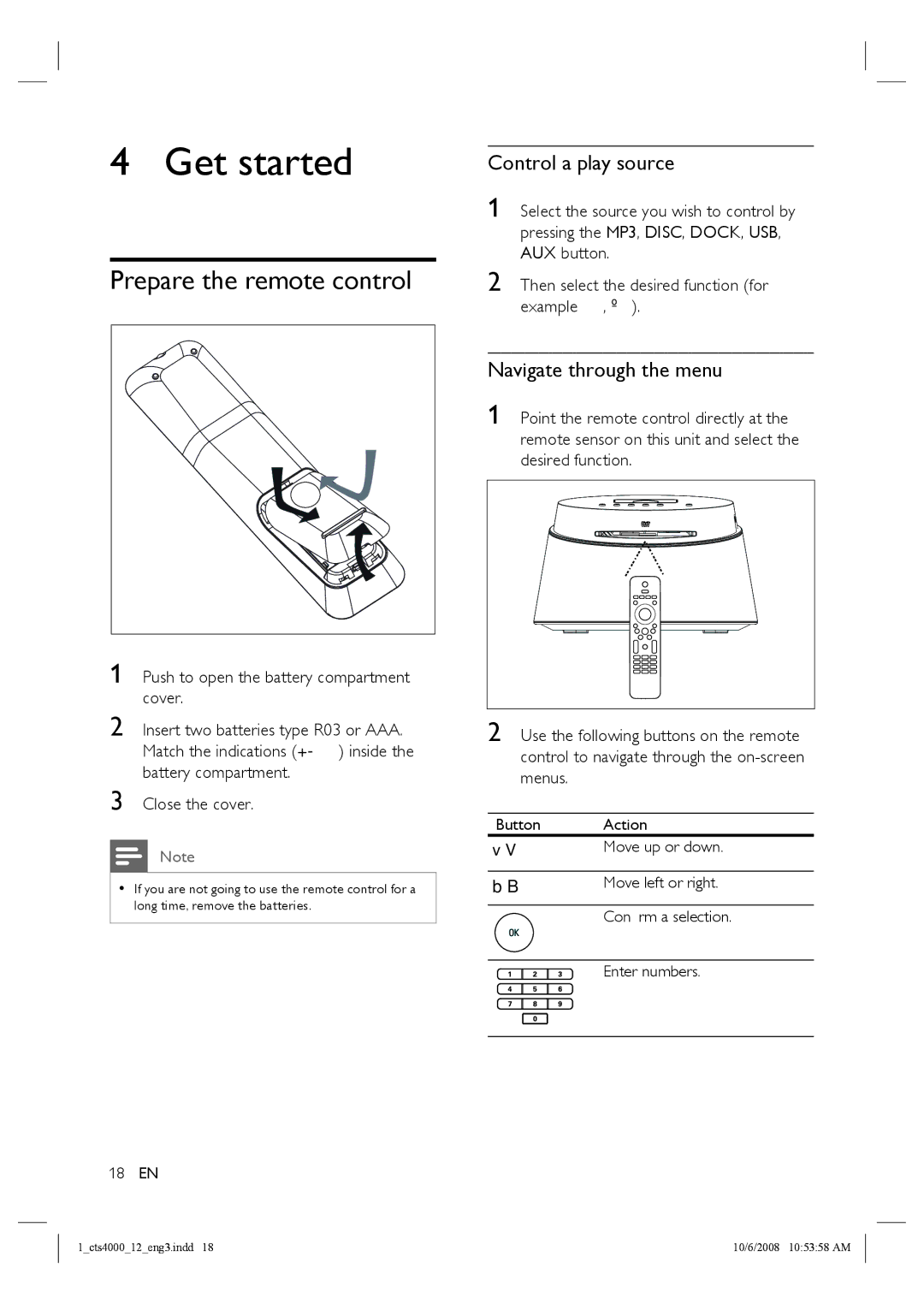 Philips CTS4000/05 manual Get started, Prepare the remote control, Control a play source, Navigate through the menu 