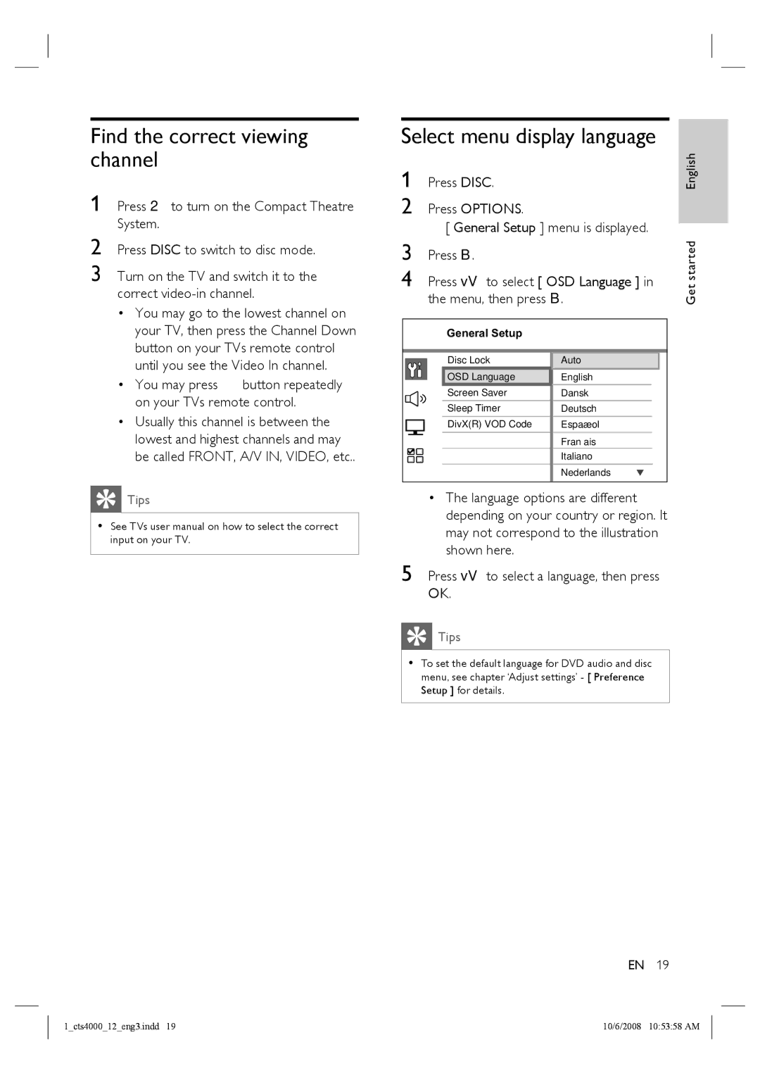 Philips CTS4000/05 manual Find the correct viewing channel, Select menu display language 