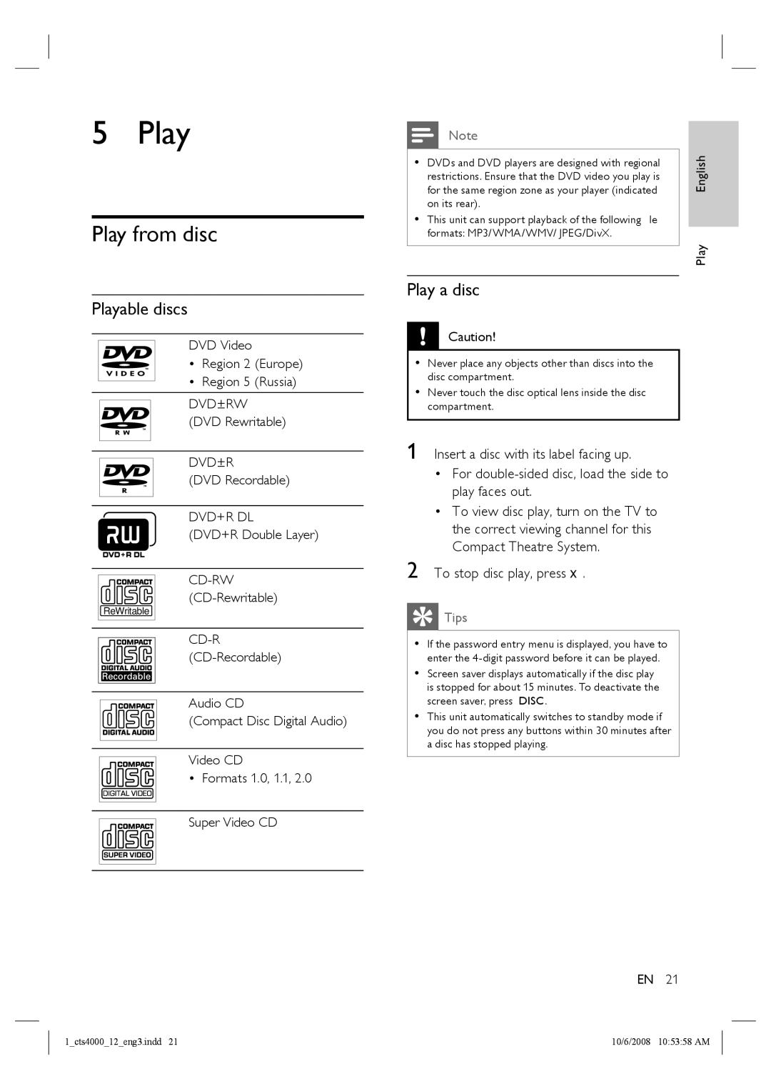 Philips CTS4000/05 manual Play from disc, Playable discs, Play a disc, To stop disc play, press 