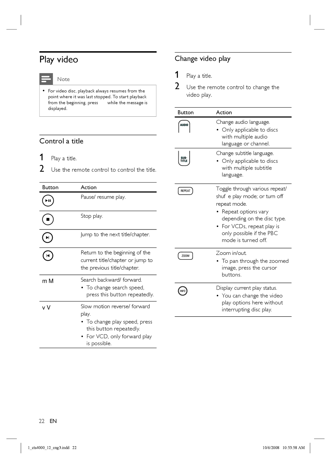 Philips CTS4000/05 manual Play video, Control a title, Change video play, Use the remote control to change the video play 