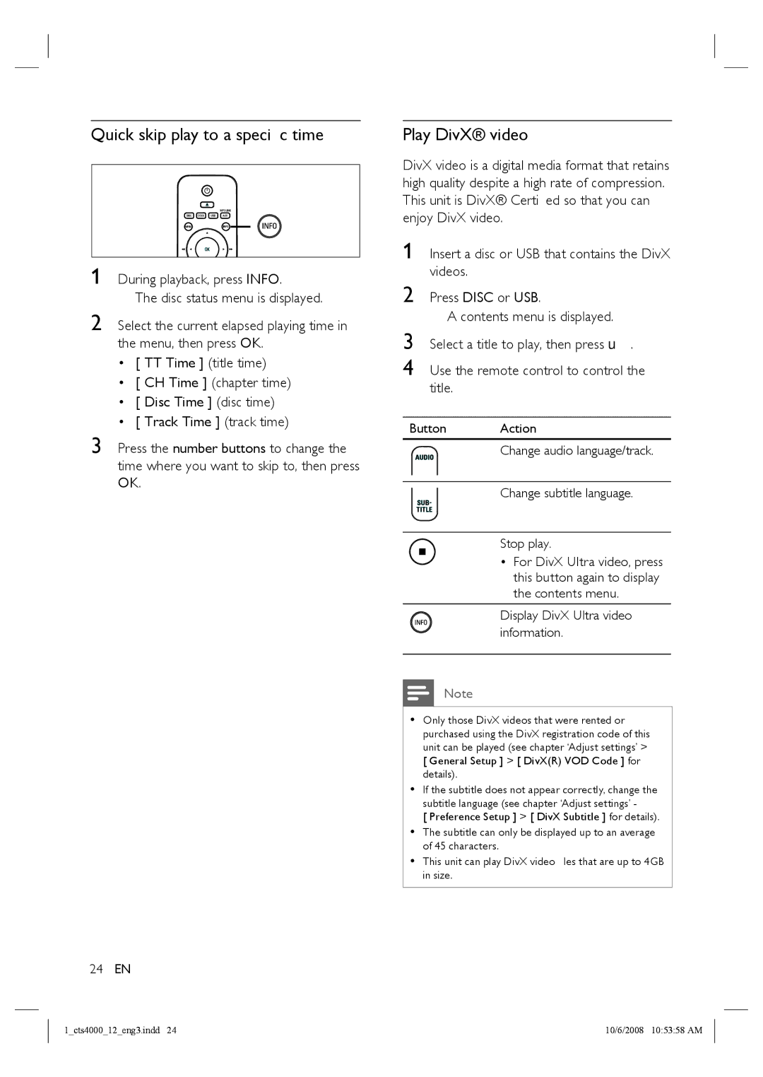 Philips CTS4000/05 manual Quick skip play to a speciﬁc time, Play DivX video 