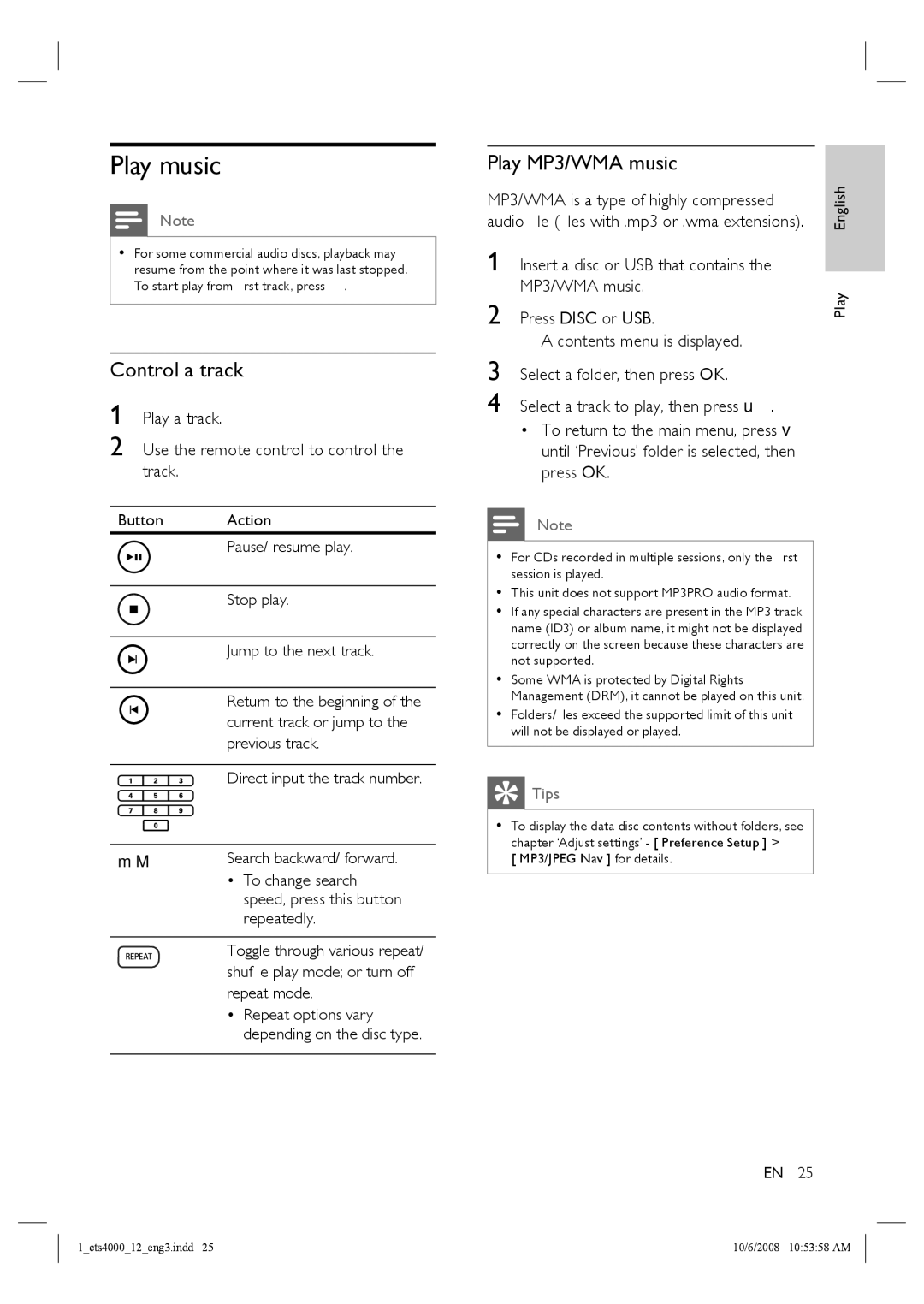 Philips CTS4000/05 manual Play music, Control a track, Play MP3/WMA music, Use the remote control to control the track 