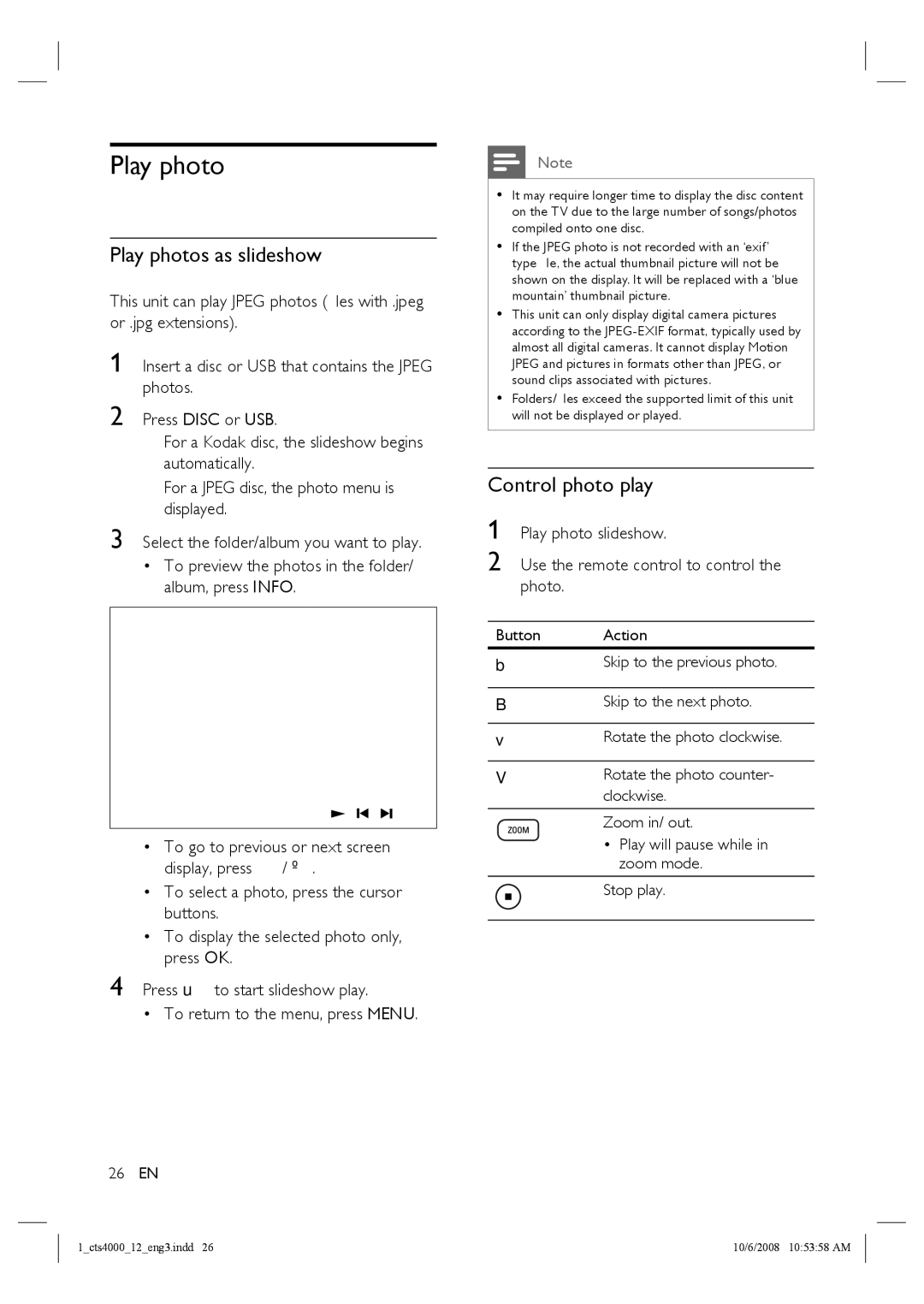 Philips CTS4000/05 manual Play photos as slideshow, Control photo play, Use the remote control to control the photo 