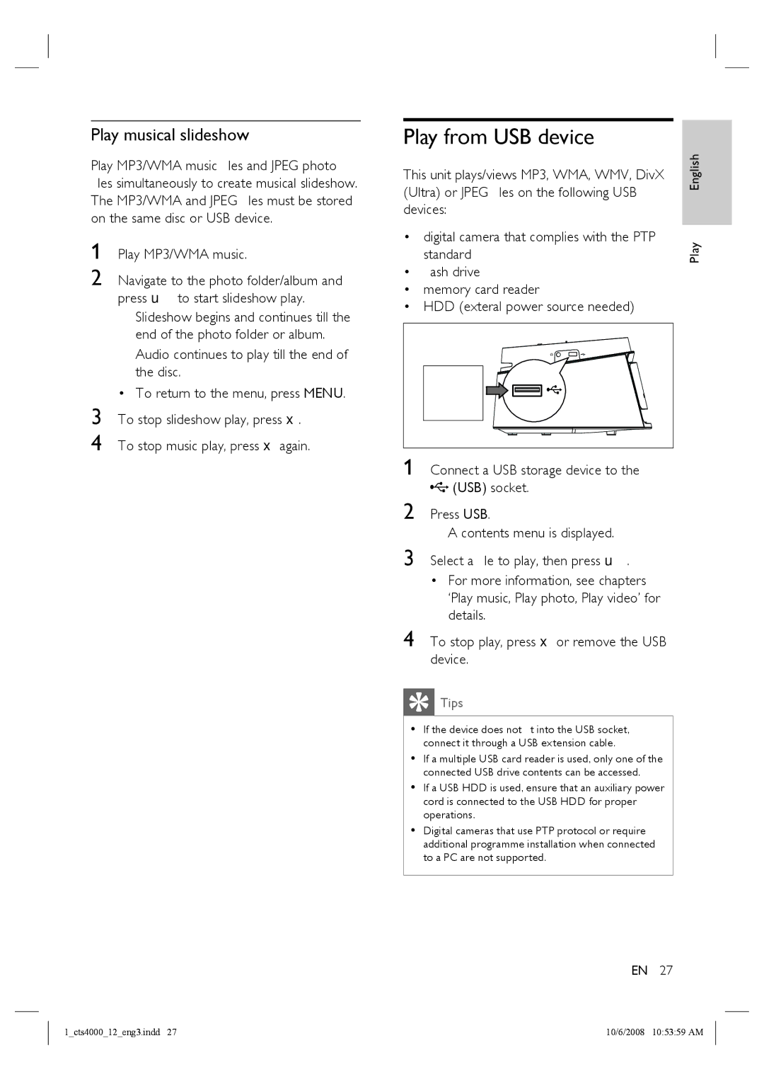 Philips CTS4000/05 manual Play from USB device, Play musical slideshow 