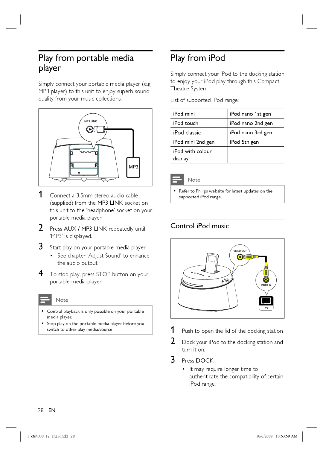 Philips CTS4000/05 manual Play from portable media player, Play from iPod, Control iPod music, IPod classic 