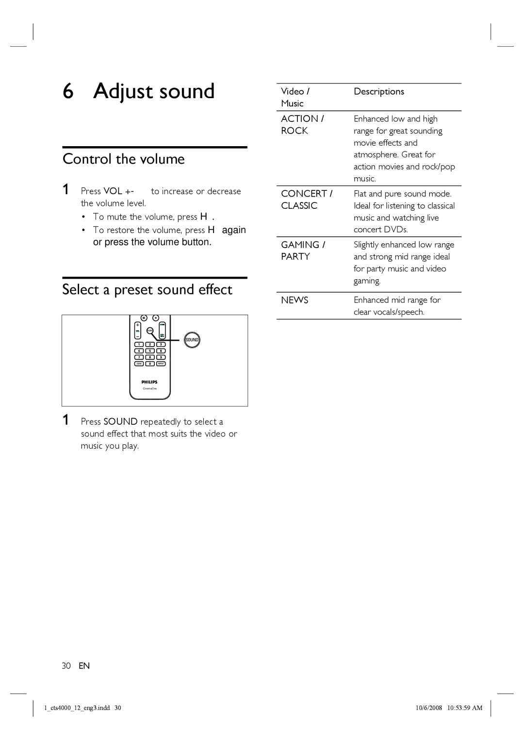 Philips CTS4000/05 manual Adjust sound, Control the volume, Select a preset sound effect, Video Descriptions Music 