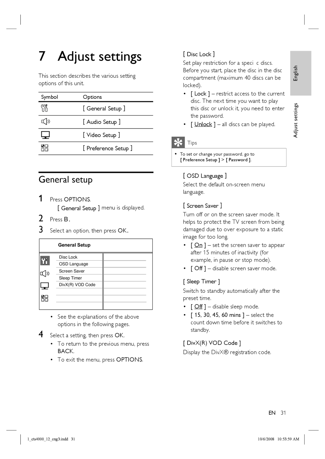 Philips CTS4000/05 manual Adjust settings, General setup, General Setup Audio Setup Video Setup Preference Setup 