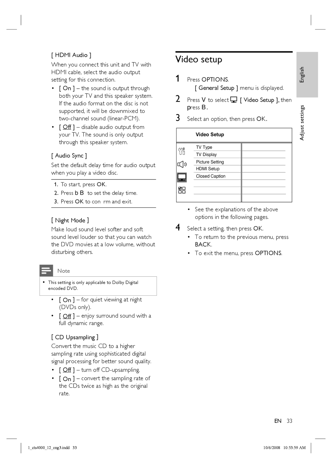 Philips CTS4000/05 manual Video setup, Press Options,  General Setup menu is displayed Press V to select 