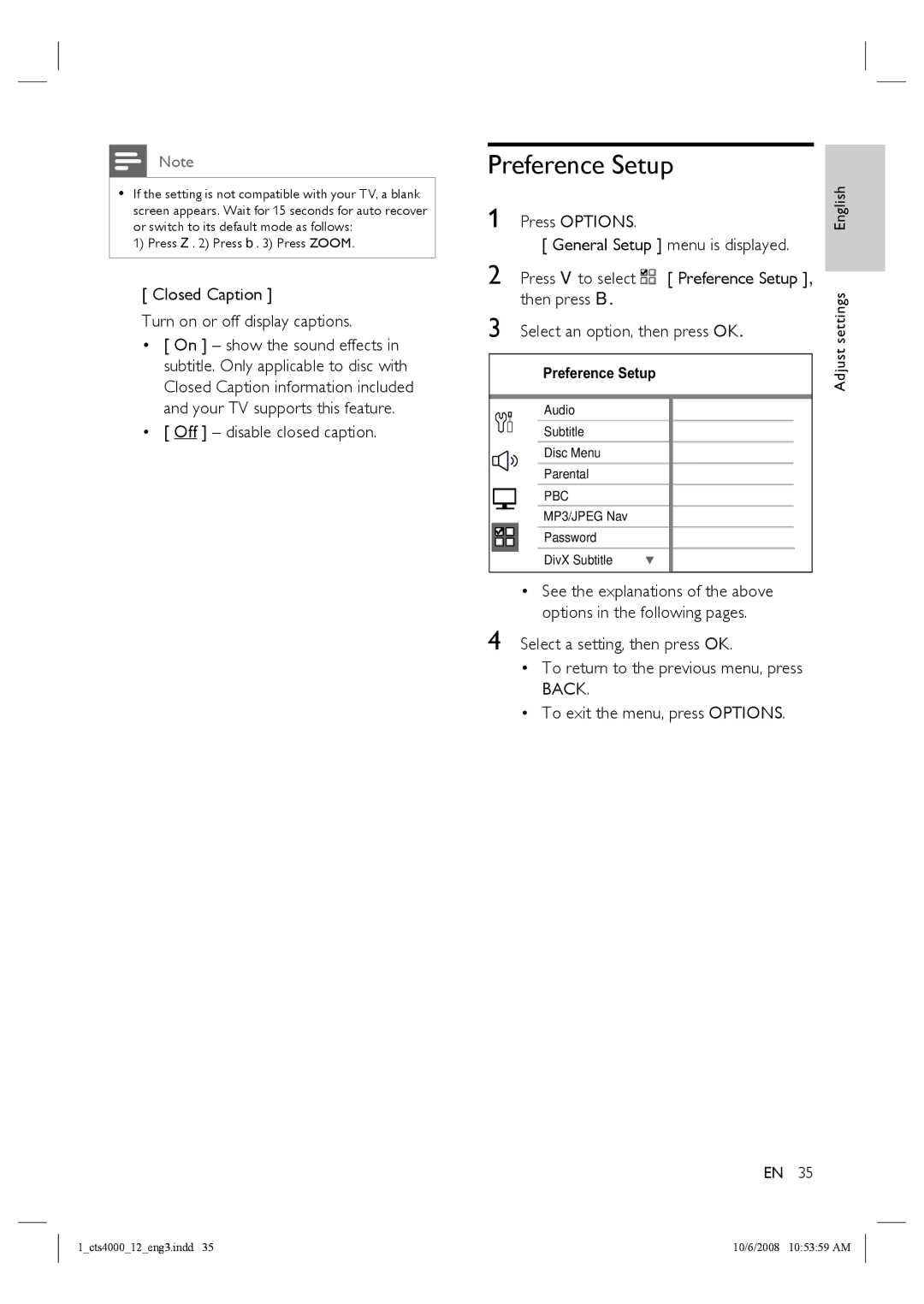 Philips CTS4000/05 manual Preference Setup, Closed Caption Turn on or off display captions, Off disable closed caption 