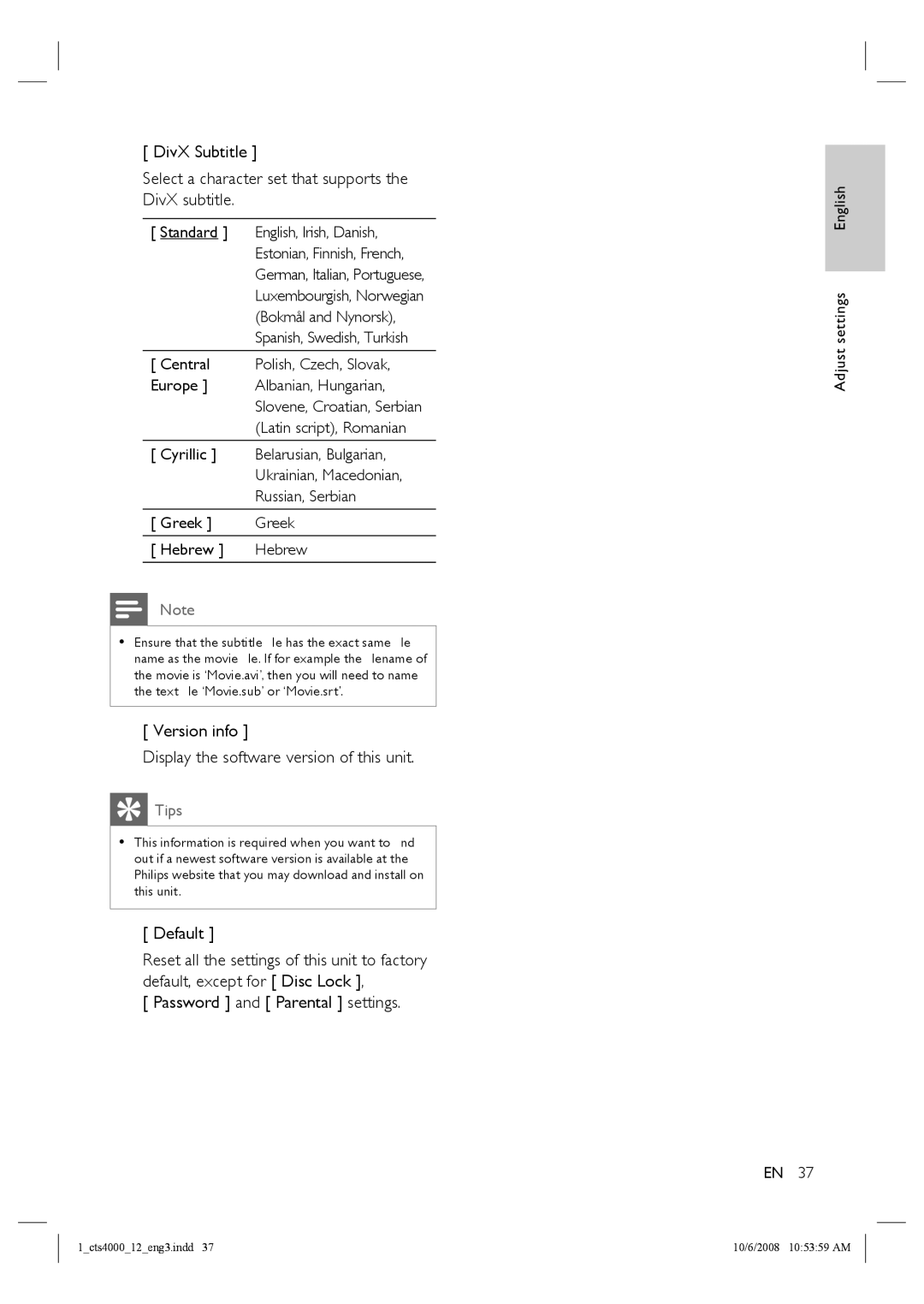 Philips CTS4000/05 manual Version info Display the software version of this unit, Default, Password and Parental settings 