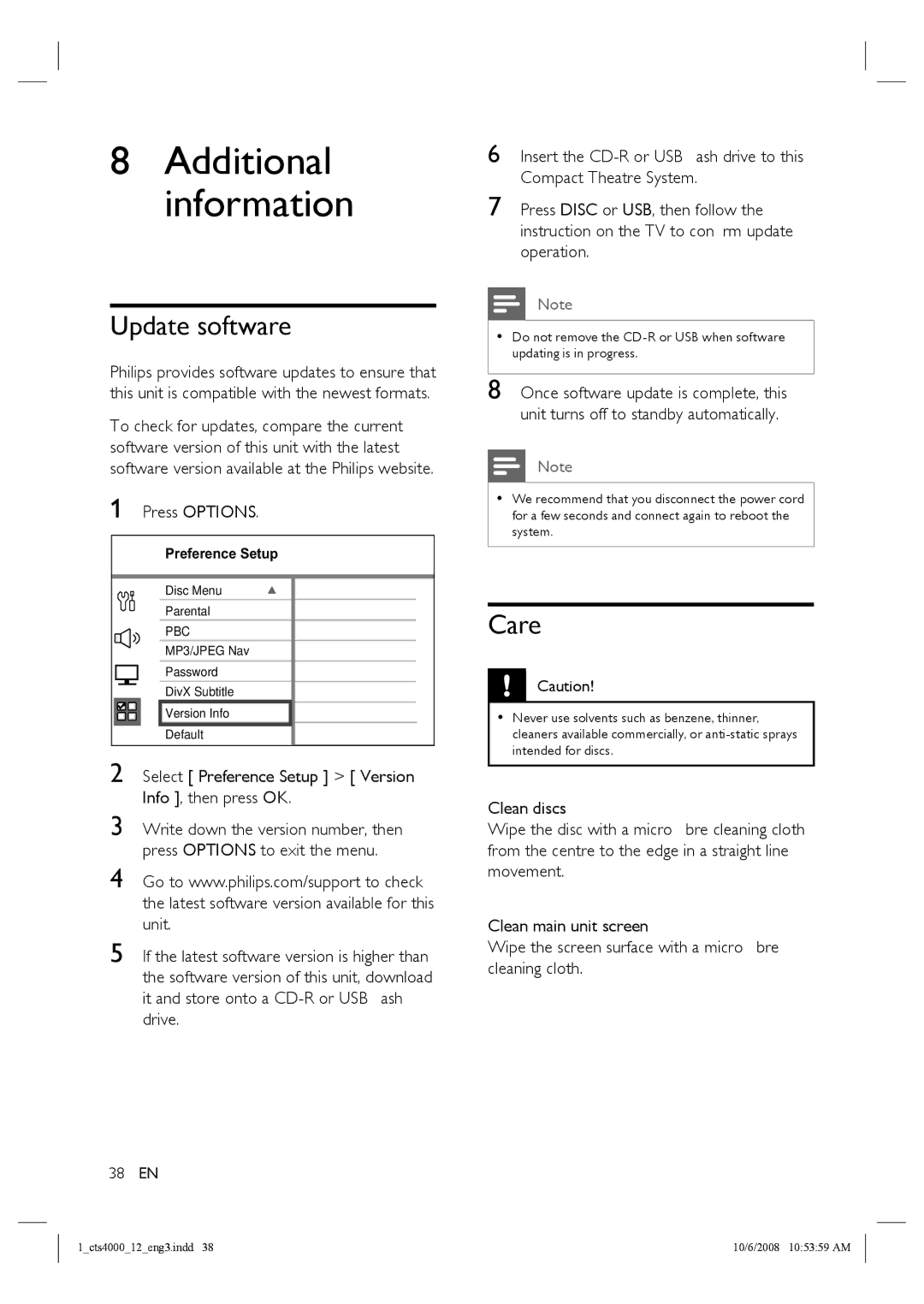 Philips CTS4000/05 manual Update software, Care 