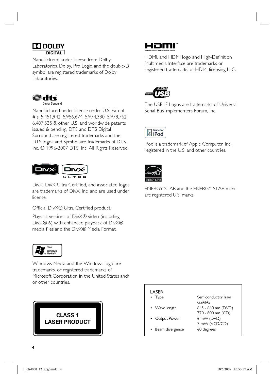 Philips CTS4000/05 manual Class Laser Product 