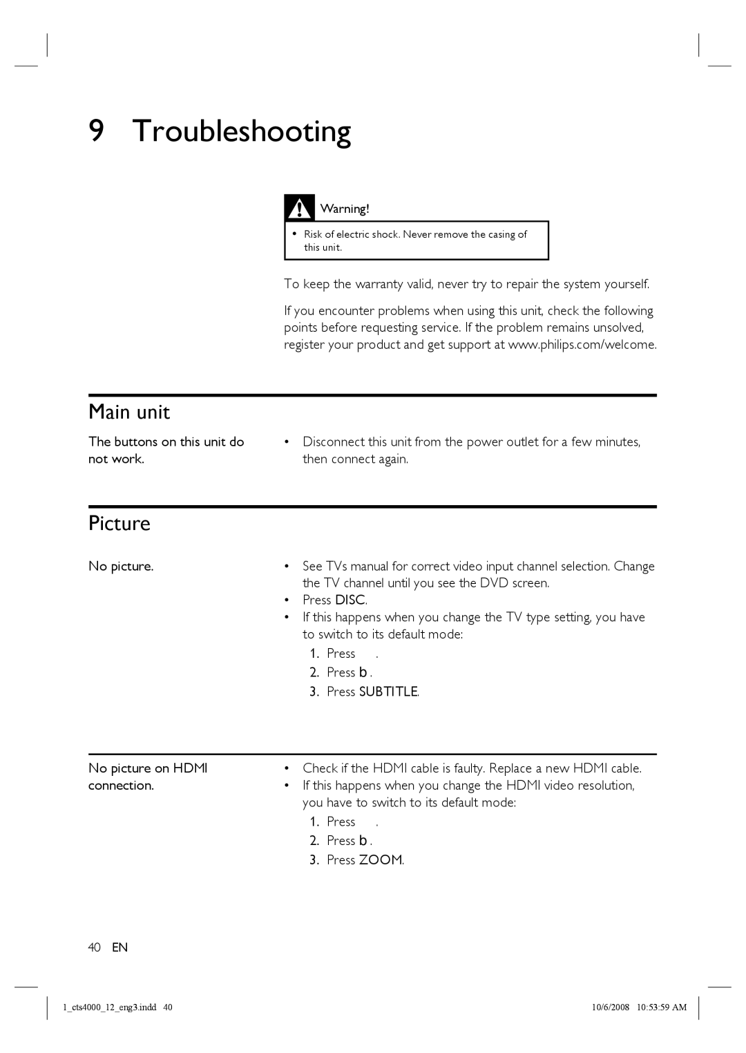 Philips CTS4000/05 manual Troubleshooting, Main unit, Picture 